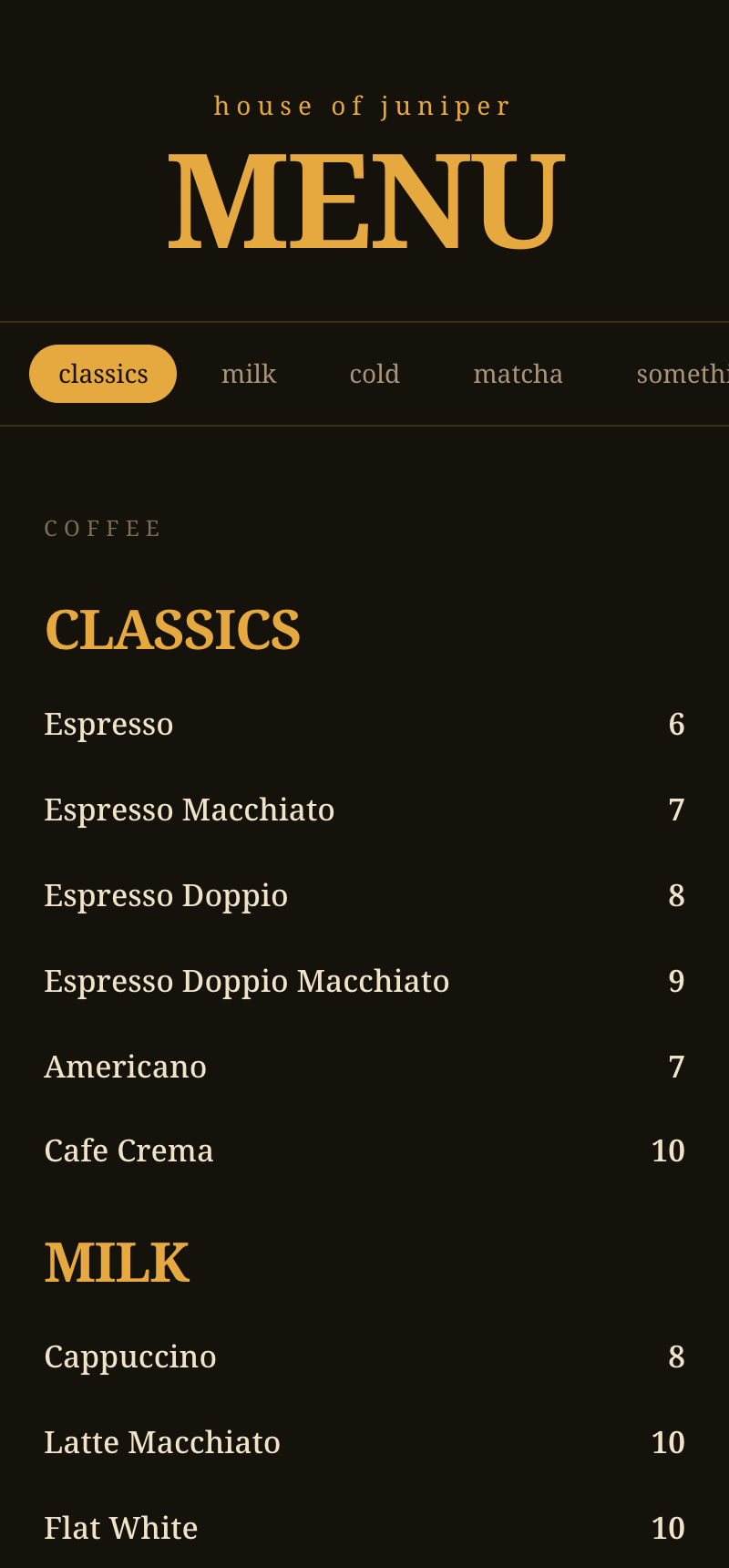 House of Juniper — Digital menu